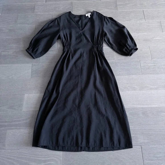 COS Black Midi V-Neck A-Line Dress Black Size 4 Modest Minimalist Elastic Waist - Picture 14 of 16